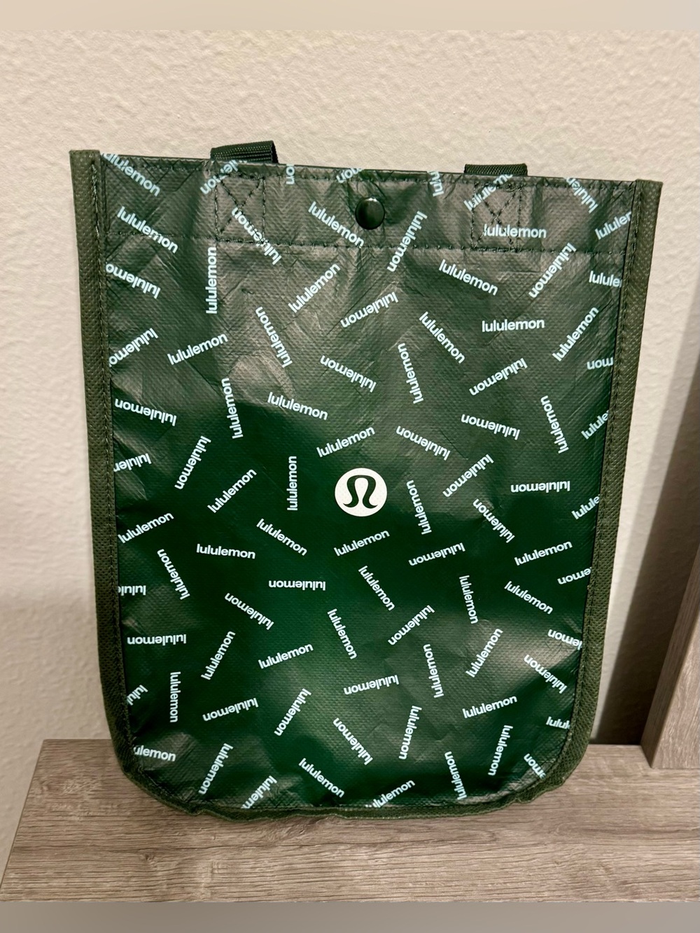 Small Lululemon Reusable Tote Bag (Green & White). Dimensions: 12" (H) × 9.5"
